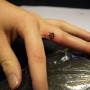 Foto tatuaggio piccola coccinella sul dito della mano