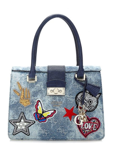 Borsa a mano in denim con applicazioni Guess modello Elia