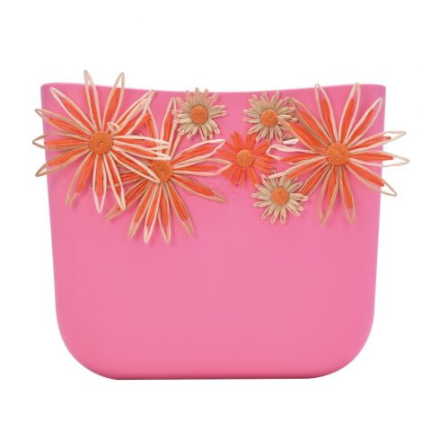 Nuova scocca borsa O Bag estate 2018 con fiori in raffia colore Pink