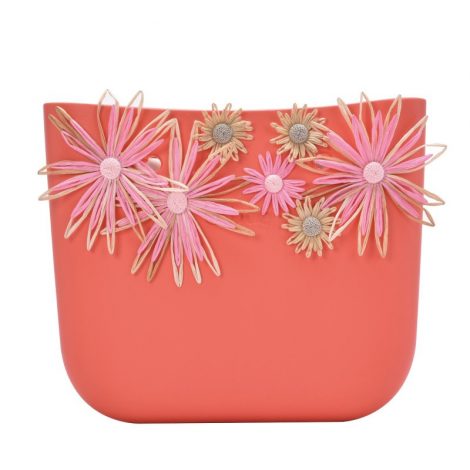 Nuova scocca borsa O Bag estate 2018 con fiori in rafia colore Coral