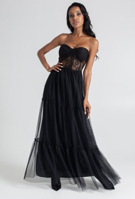 Rinascimento abito lungo in tulle nero da sera Rinascimento abito lungo in tulle nero da sera