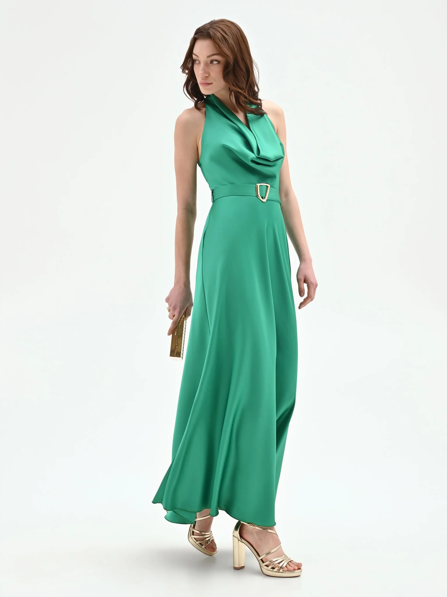 Elegante vestito lungo in raso da cerimonia Rinasicmento